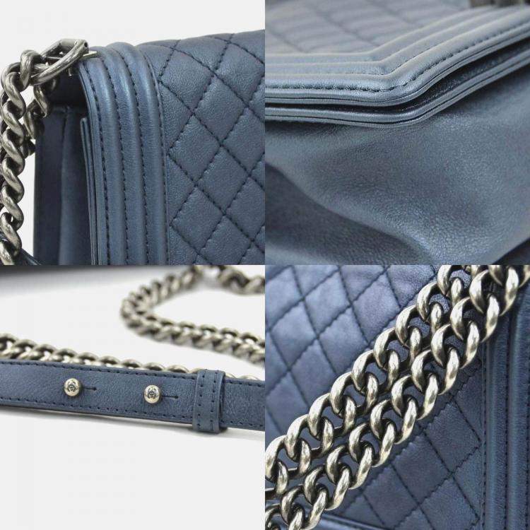 Pre Owned Chanel Boy Chanel Leather Shoulder Bag In Metallic Navy