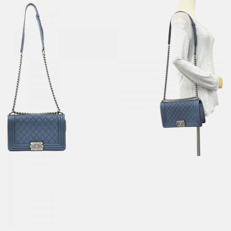 Pre Owned Chanel Boy Chanel Leather Shoulder Bag In Metallic Navy