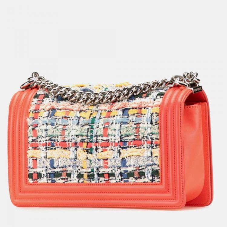 Pre Owned Chanel Coco Mark Boy 25 Shoulder Bag In Orange Multicolored Tweed And Lambskin