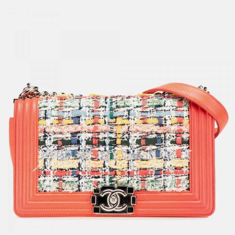 Pre Owned Chanel Coco Mark Boy 25 Shoulder Bag In Orange Multicolored Tweed And Lambskin