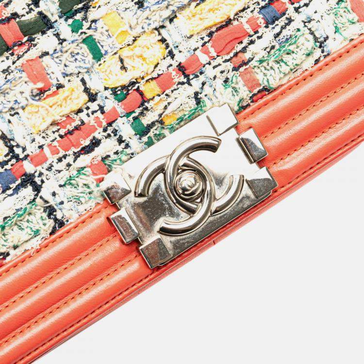 Pre Owned Chanel Coco Mark Boy 25 Shoulder Bag In Orange Multicolored Tweed And Lambskin
