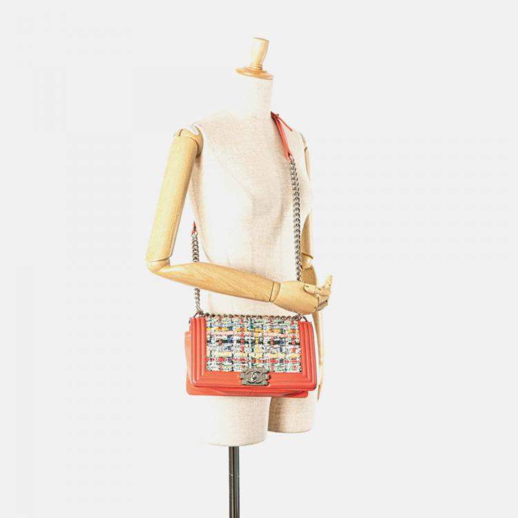 Pre Owned Chanel Coco Mark Boy 25 Shoulder Bag In Orange Multicolored Tweed And Lambskin