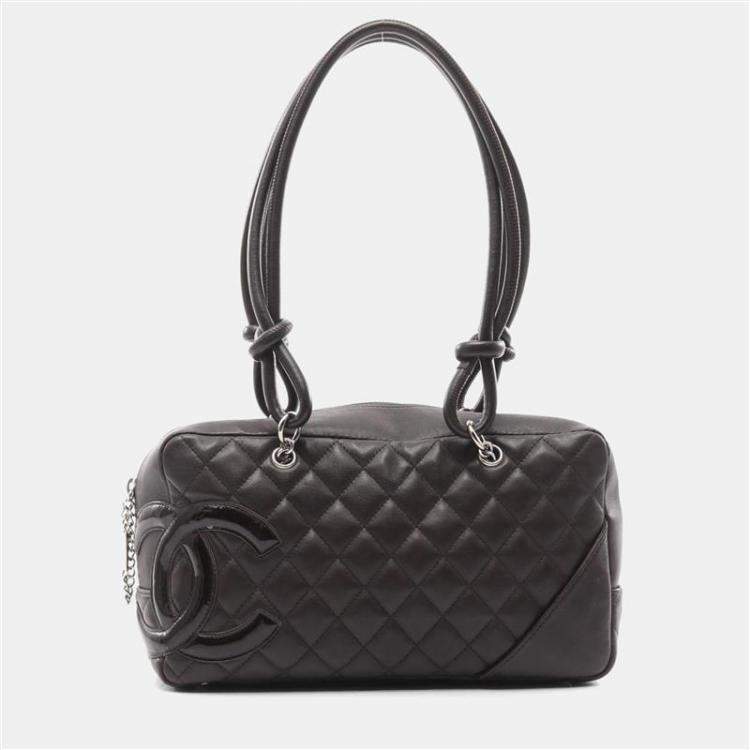 Pre Owned Chanel Cambon Bowling Bag Shoulder Leather Patent Leather  Brown