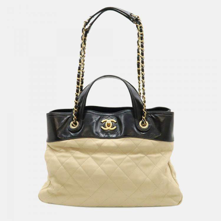 Pre Owned Chanel Matelasse In The Mix Chain Shoulder Tote Bag Handbag Leather Beige Black