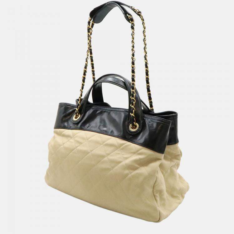 Pre Owned Chanel Matelasse In The Mix Chain Shoulder Tote Bag Handbag Leather Beige Black