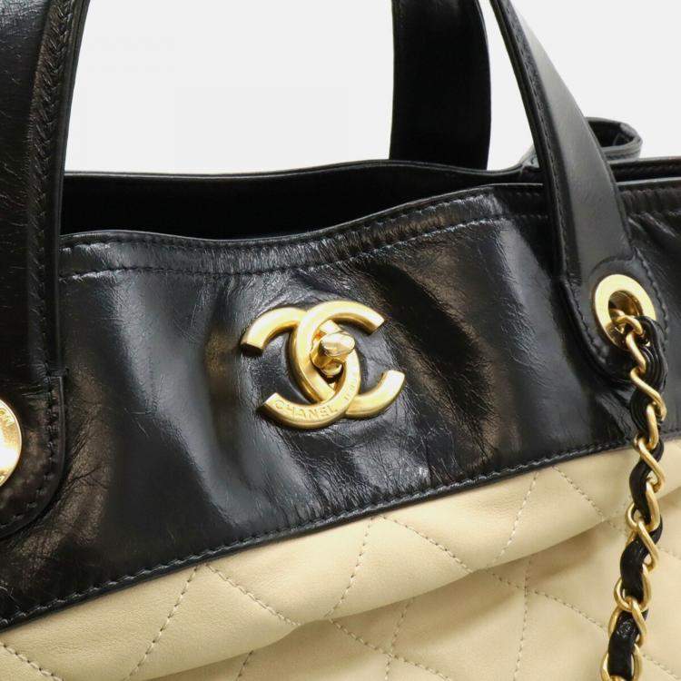 Pre Owned Chanel Matelasse In The Mix Chain Shoulder Tote Bag Handbag Leather Beige Black