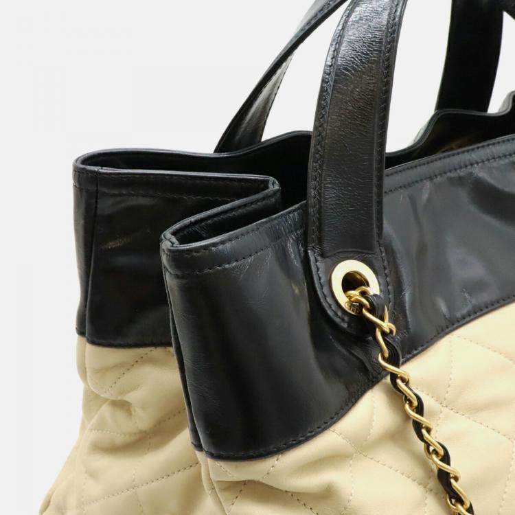 Pre Owned Chanel Matelasse In The Mix Chain Shoulder Tote Bag Handbag Leather Beige Black