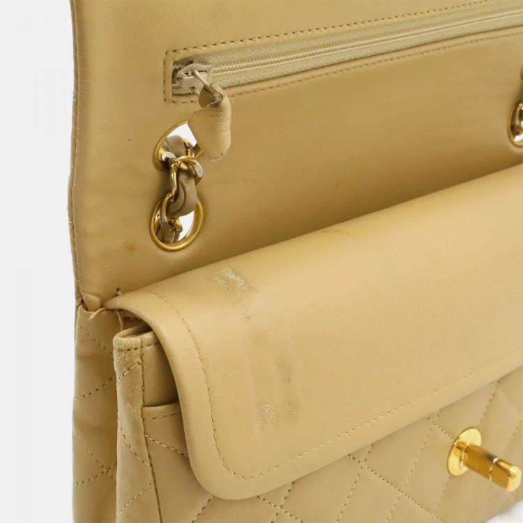 Pre Owned Chanel Matelasse 23 Coco Mark Chain Shoulder Bag With Double Chain Beige Leather
