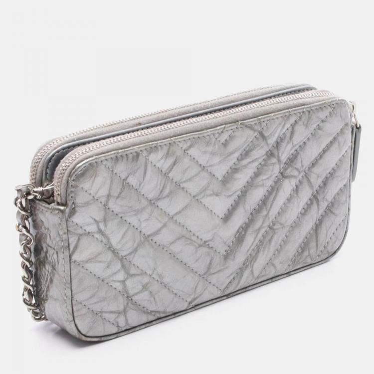 Pre Owned Chanel Coco Chevron V Stitch Silver Patent Leather  Chain Shoulder Bag