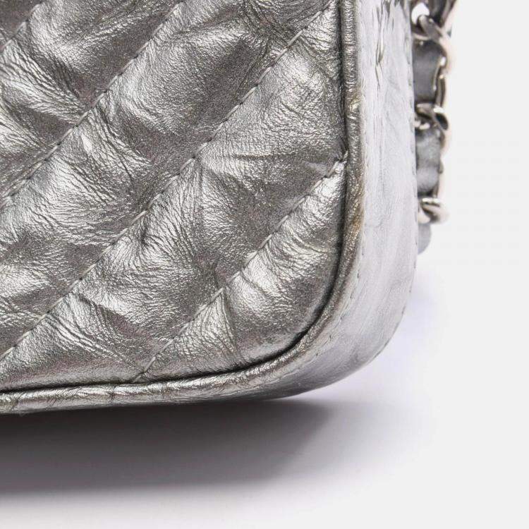 Pre Owned Chanel Coco Chevron V Stitch Silver Patent Leather  Chain Shoulder Bag