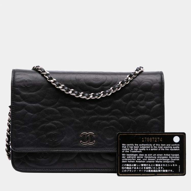 Pre Owned Chanel Black Camellia Embossed Lambskin Wallet On Chain