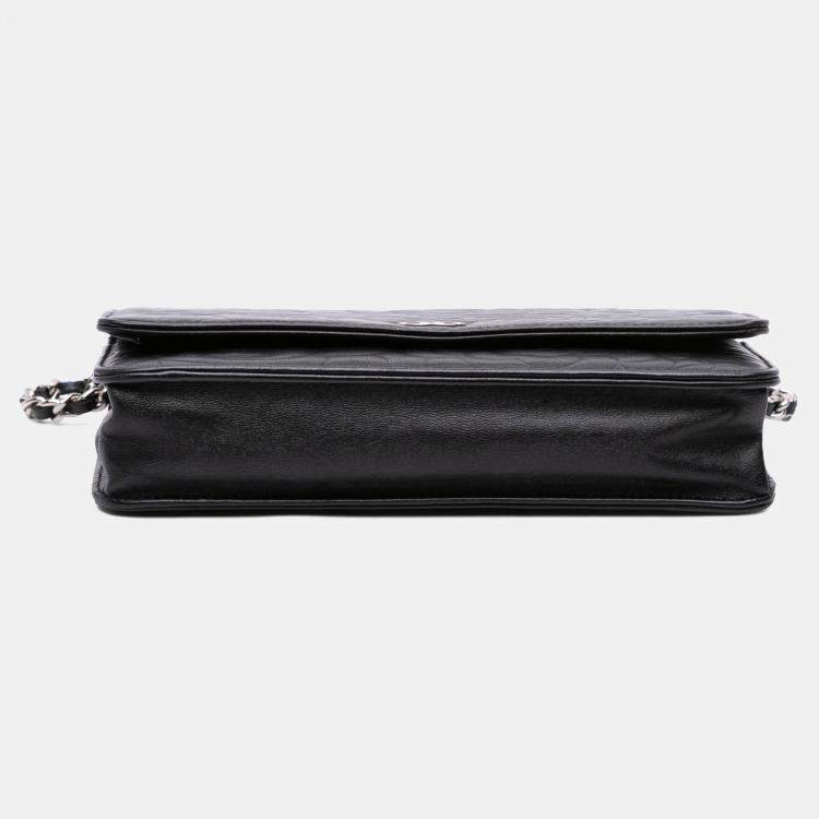 Pre Owned Chanel Black Camellia Embossed Lambskin Wallet On Chain