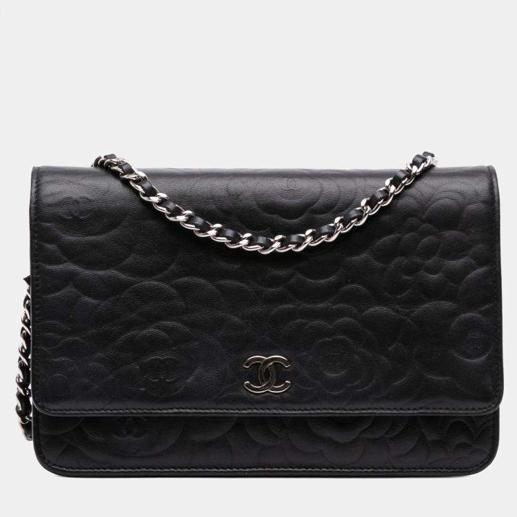 Pre Owned Chanel Black Camellia Embossed Lambskin Wallet On Chain