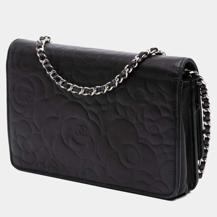 Pre Owned Chanel Black Camellia Embossed Lambskin Wallet On Chain