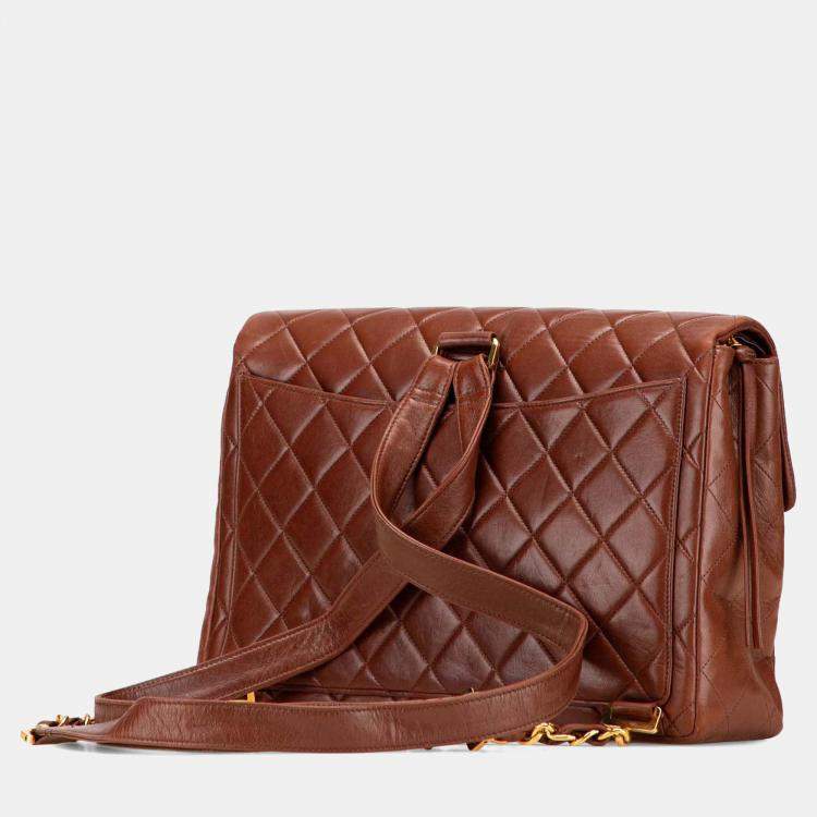 Pre Owned Chanel Brown Jumbo XL Quilted Lambskin Flap Backpack