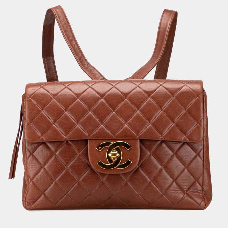 Pre Owned Chanel Brown Jumbo XL Quilted Lambskin Flap Backpack