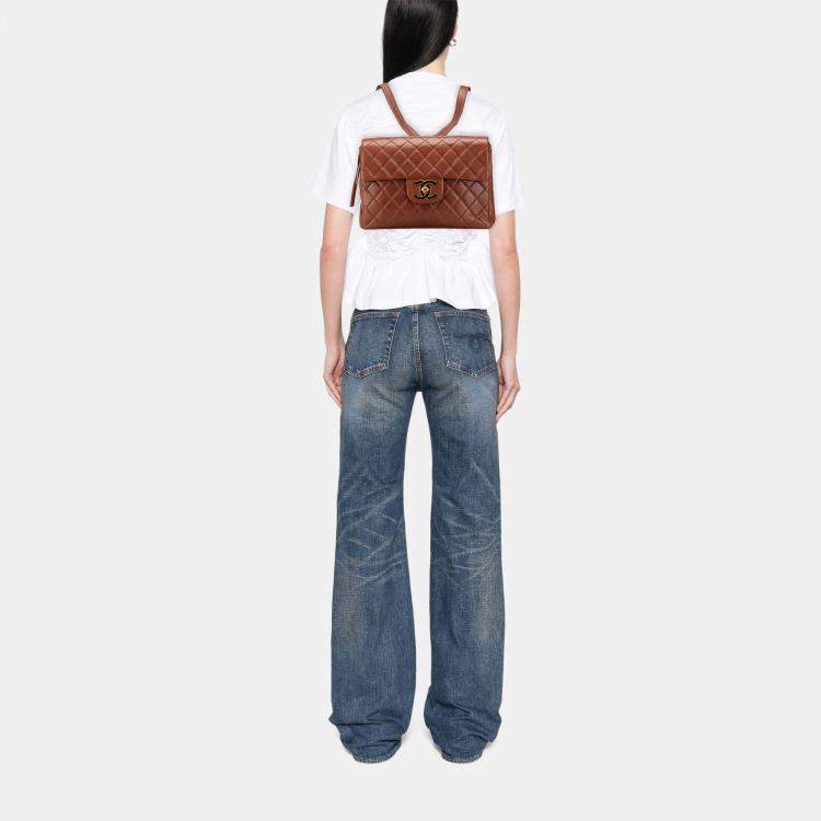 Pre Owned Chanel Brown Jumbo XL Quilted Lambskin Flap Backpack