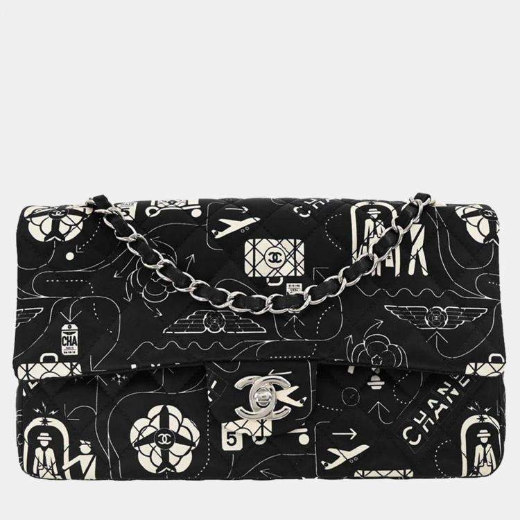 Pre Owned Chanel Black Satin Airline Medium Classic Double Flap Shoulder Bag