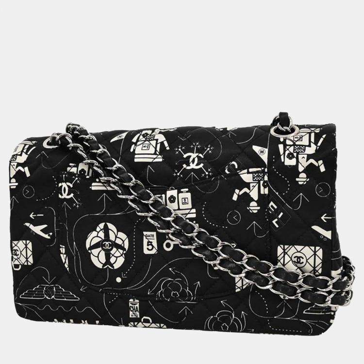 Pre Owned Chanel Black Satin Airline Medium Classic Double Flap Shoulder Bag