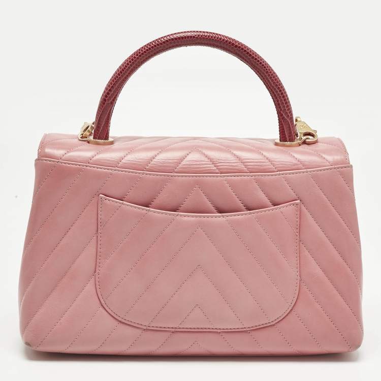 Pre Owned Chanel Pink/Fuchsia Chevron Leather and Lizard Small Coco Top Handle Bag