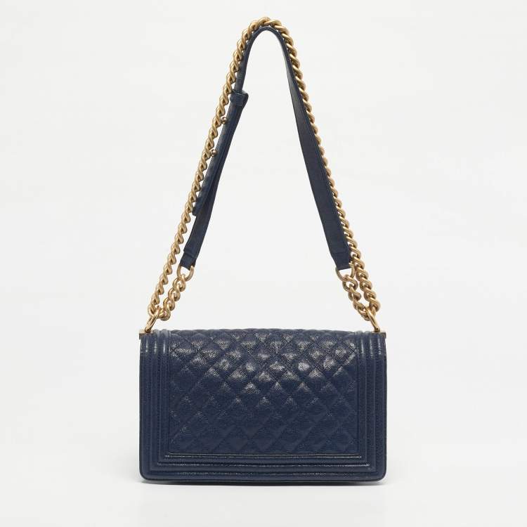 Pre Owned Chanel Navy Blue Caviar Quilted Leather Medium Boy Flap Bag
