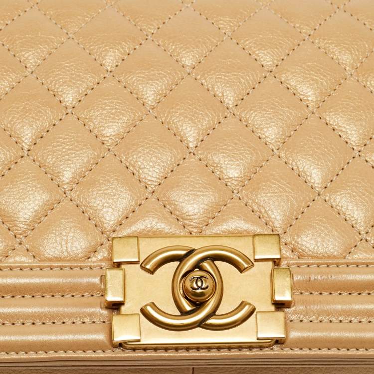 Pre Owned Chanel Beige Shimmer Quilted Leather Medium Classic Boy Flap Bag