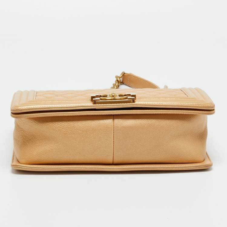 Pre Owned Chanel Beige Shimmer Quilted Leather Medium Classic Boy Flap Bag