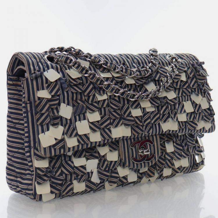 Pre Owned Chanel Medium Blue/White Denim Classic Double Flap Bag