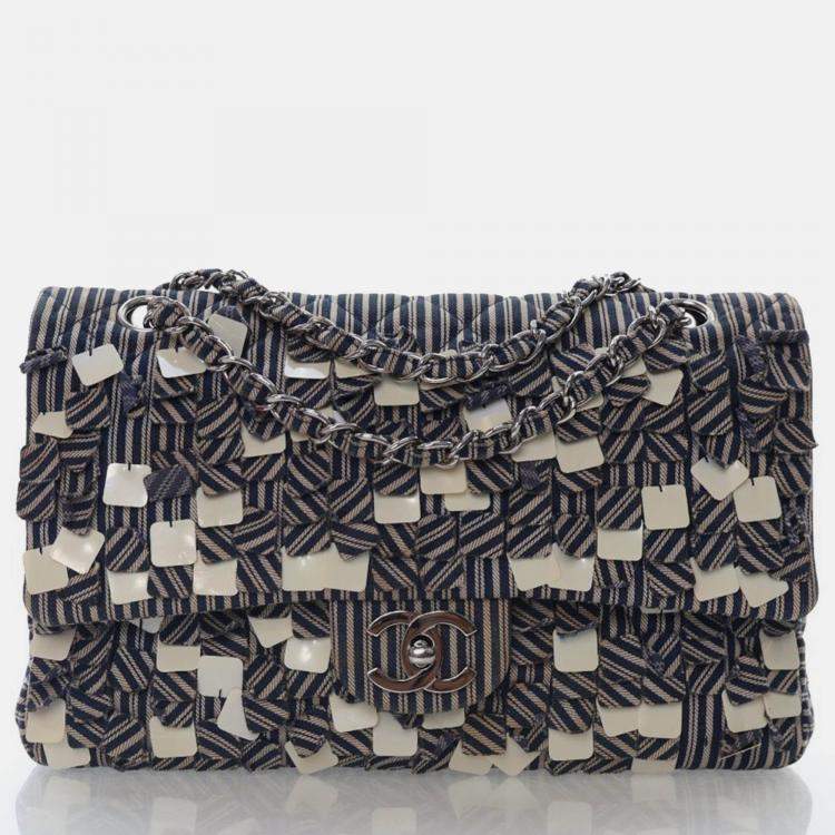 Pre Owned Chanel Medium Blue/White Denim Classic Double Flap Bag