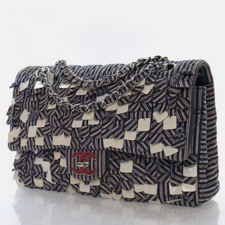 Pre Owned Chanel Medium Blue/White Denim Classic Double Flap Bag