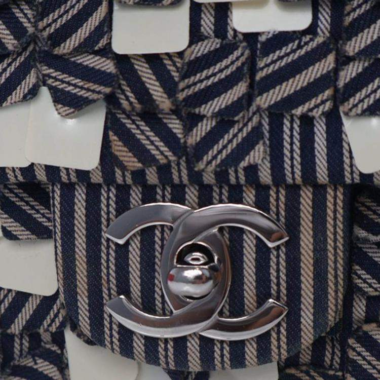 Pre Owned Chanel Medium Blue/White Denim Classic Double Flap Bag
