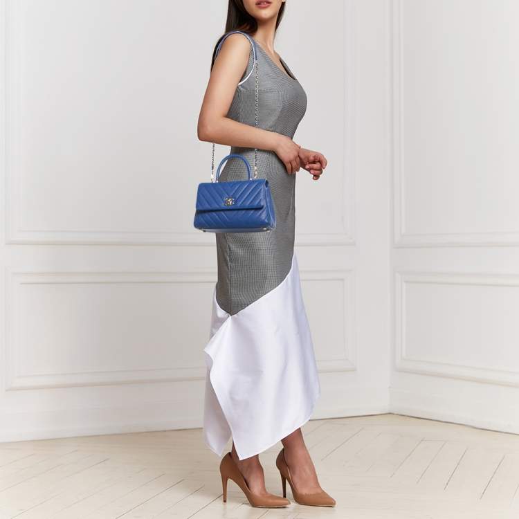 Pre Owned Chanel Blue Chevron Caviar Leather Mini Coco Top Handle Bag