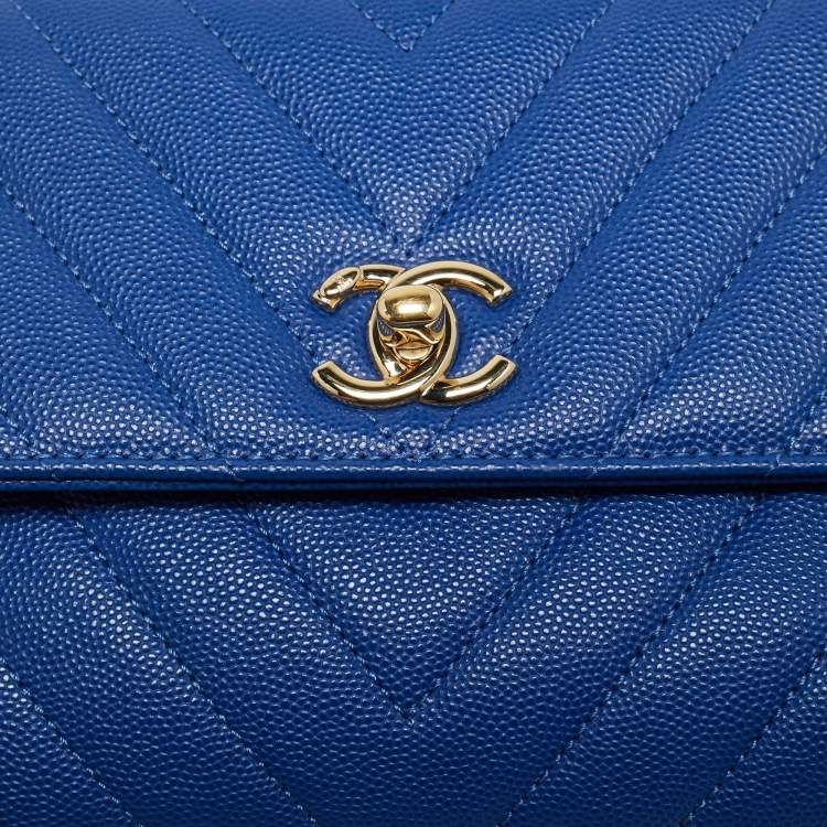 Pre Owned Chanel Blue Chevron Caviar Leather Mini Coco Top Handle Bag