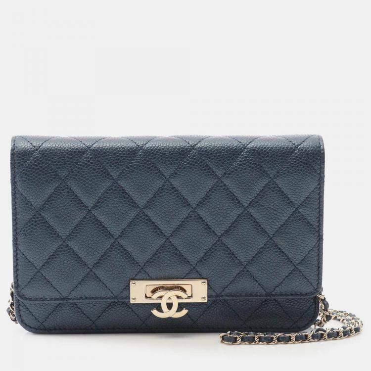 Pre Owned Chanel Navy Blue Quilted Caviar Golden Class Wallet On Chain