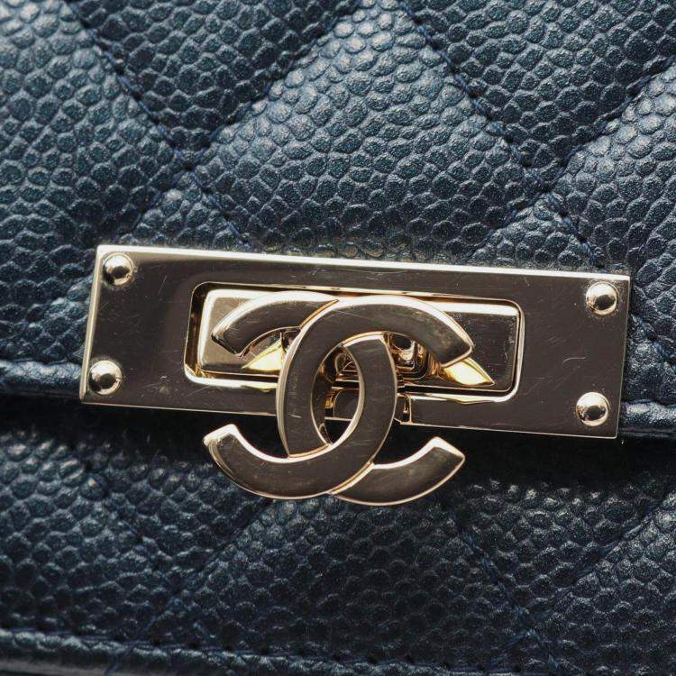 Pre Owned Chanel Navy Blue Quilted Caviar Golden Class Wallet On Chain