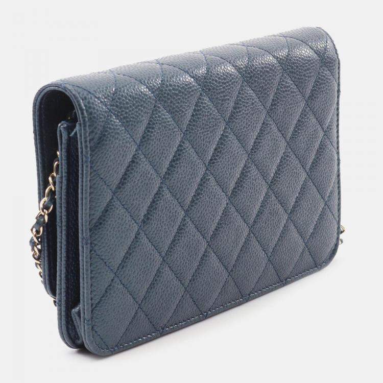 Pre Owned Chanel Navy Blue Quilted Caviar Golden Class Wallet On Chain