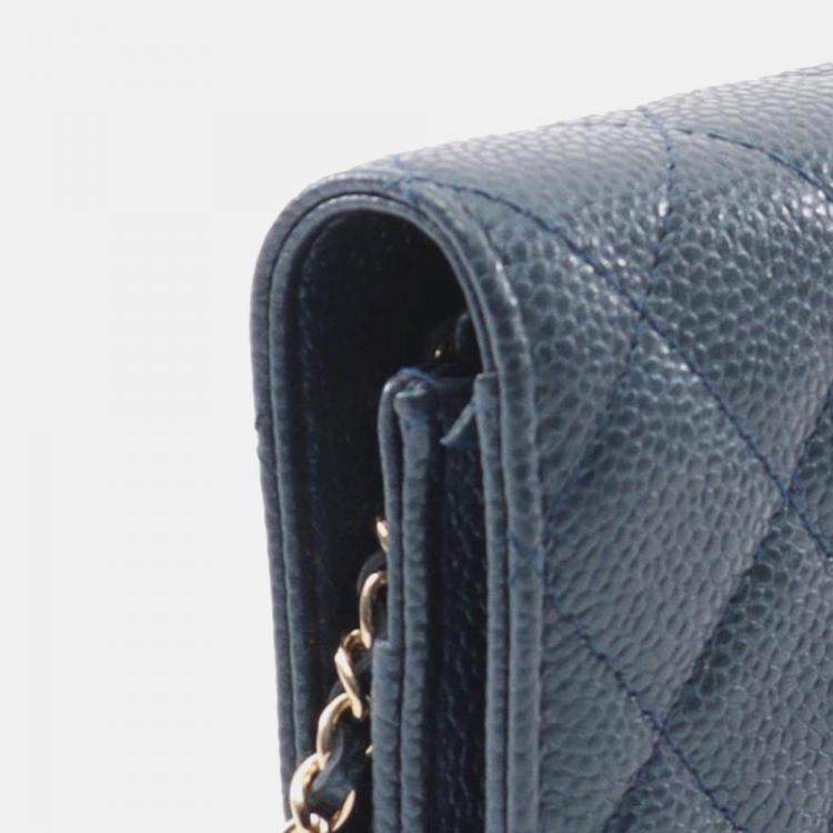 Pre Owned Chanel Navy Blue Quilted Caviar Golden Class Wallet On Chain