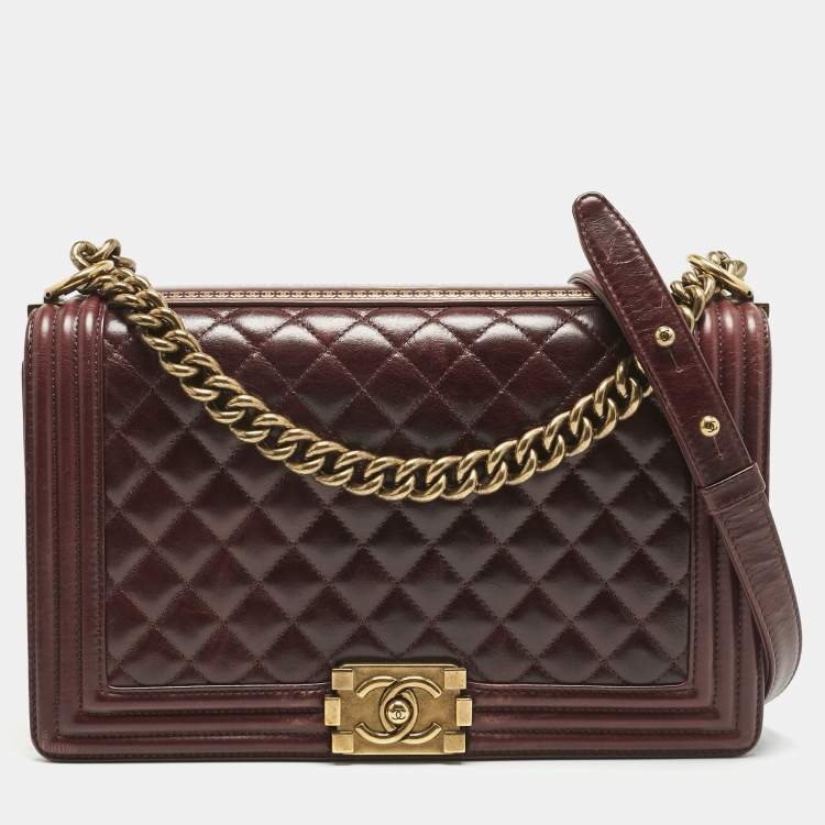 Pre Owned Chanel Navy Burgundy Quilted Leather New Medium Boy Paris- Salzburg Flap Bag