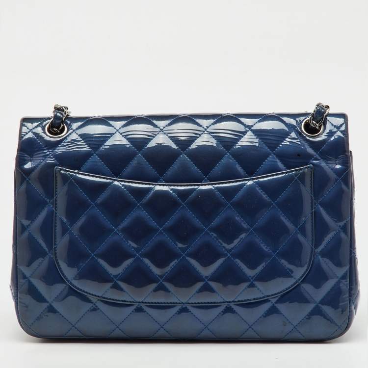 Pre Owned Chanel Navy Blue Iridescent Patent Leather Classic Jumbo Double Flap Bag