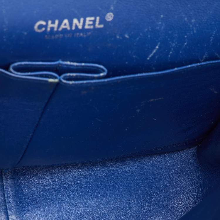 Pre Owned Chanel Navy Blue Iridescent Patent Leather Classic Jumbo Double Flap Bag