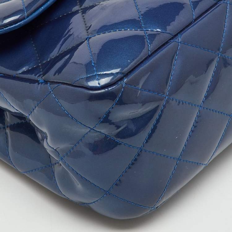 Pre Owned Chanel Navy Blue Iridescent Patent Leather Classic Jumbo Double Flap Bag