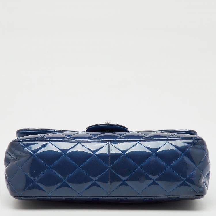 Pre Owned Chanel Navy Blue Iridescent Patent Leather Classic Jumbo Double Flap Bag