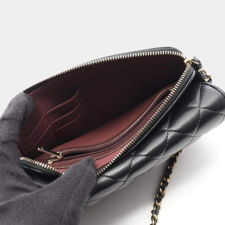 Pre Owned Chanel Matelasse Chain Phone Case Woc Shoulder Bag Lamb Leather Black