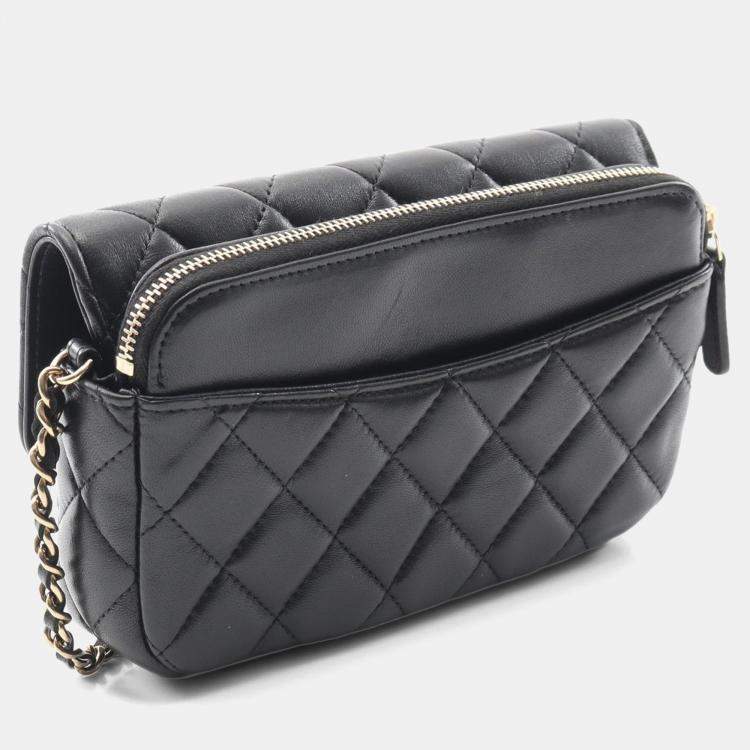 Pre Owned Chanel Matelasse Chain Phone Case Woc Shoulder Bag Lamb Leather Black