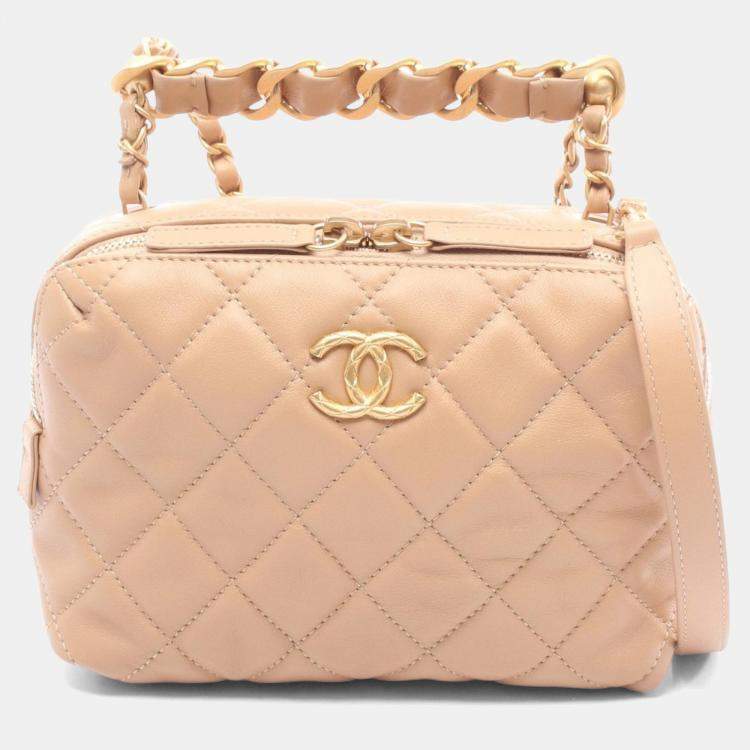 Pre Owned Chanel Matelasse Small Bowling Hand Shoulder Bag Leather Beige