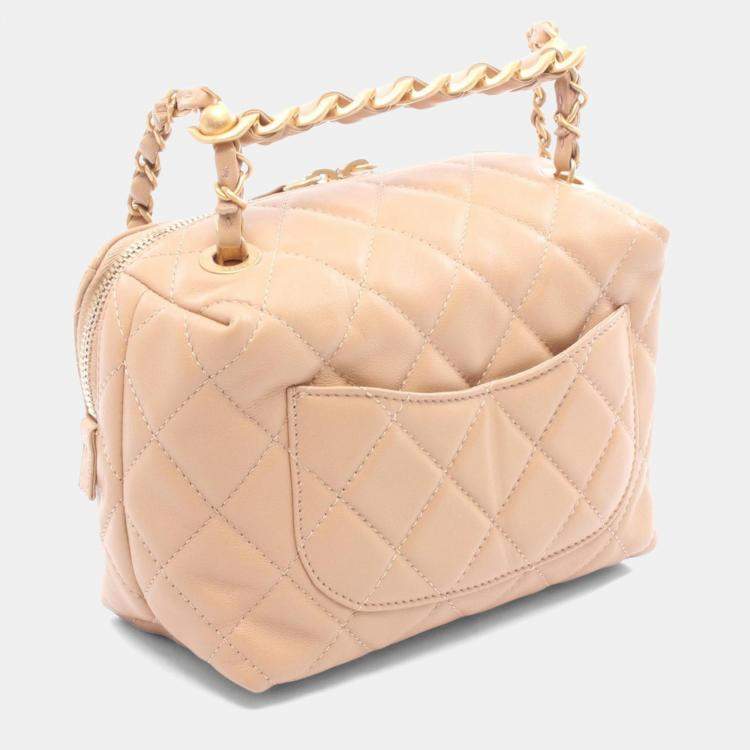 Pre Owned Chanel Matelasse Small Bowling Hand Shoulder Bag Leather Beige