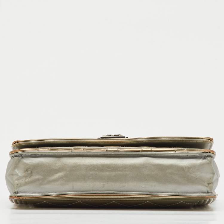 Pre Owned Chanel Metallic Grey Quilted Patent Leather Classic Boy WOC Bag