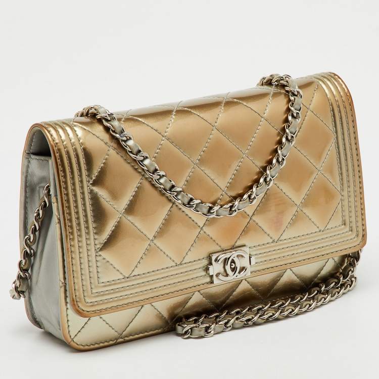 Pre Owned Chanel Metallic Grey Quilted Patent Leather Classic Boy WOC Bag