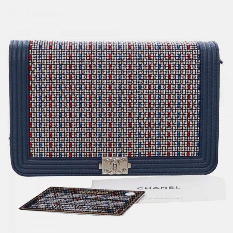 Pre Owned Chanel Blue Crystal Embellished Lambskin Boy Wallet On Chain