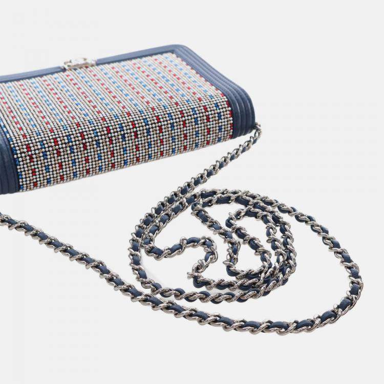 Pre Owned Chanel Blue Crystal Embellished Lambskin Boy Wallet On Chain